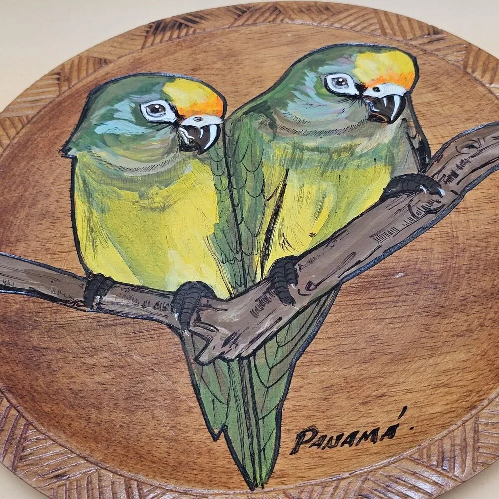 Vintage Hand Painted Peach Nosed Parakeets Decorative Wood Plate Made In Panama!